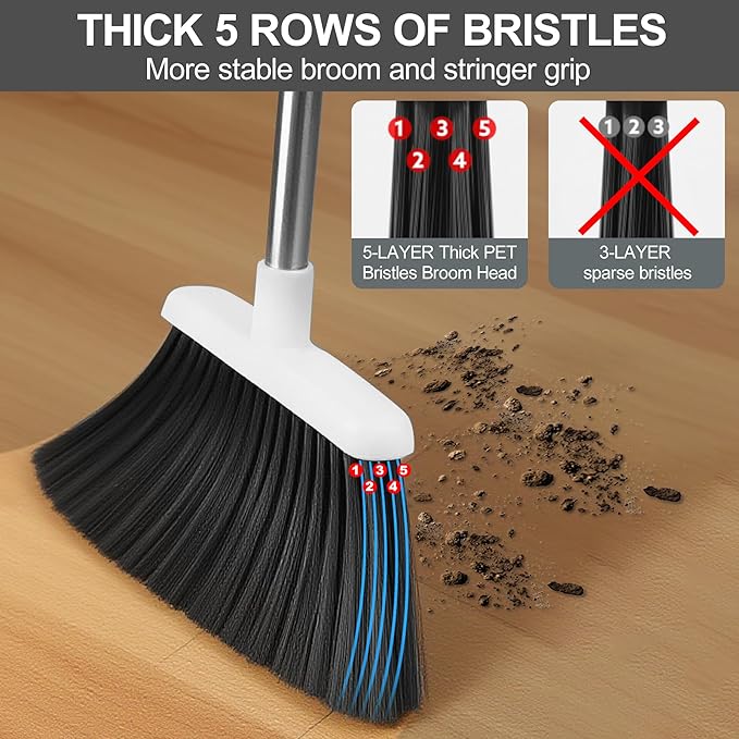 BSKLIN Broom and Dustpan Set, Broom with Dustpan Combo Set with Teeth to Clean Pet Hair 52-in Long Adjustable Handle Broom for Home Office Kitchen Lobby(White)