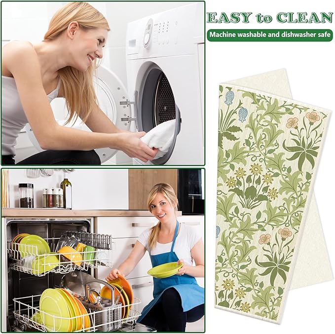 JarThenaAMCS 6 Pcs William Morris Swedish Dishcloths Vintage Greenery Floral Kitchen Towels Botanical Reusable Cotton Absorbent Dish Towels for Home Housewarming Cleaning, 7 x 8 Inch