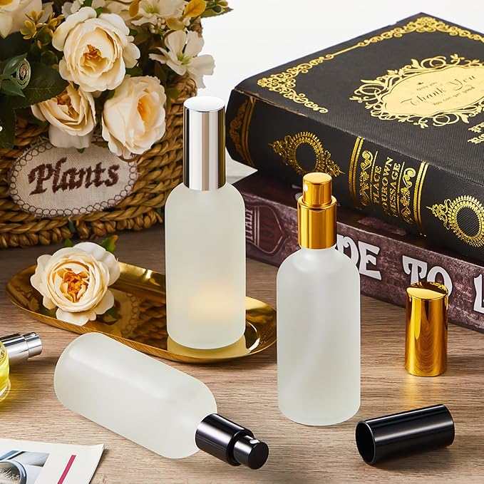Tessco for you 2 Pcs Glass Spray Bottles Empty Perfume Atomizer Refillable Clear Decorative Empty Bottles with Fine Mist Sprayer Pump for Face Body Travel (Silver,Gold,3.4 oz)