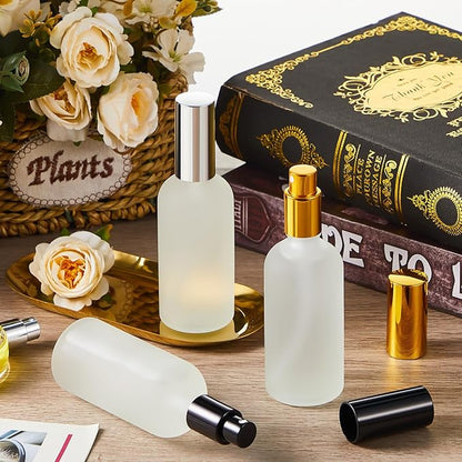 Tessco for you 2 Pcs Glass Spray Bottles Empty Perfume Atomizer Refillable Clear Decorative Empty Bottles with Fine Mist Sprayer Pump for Face Body Travel (Silver,Gold,3.4 oz)