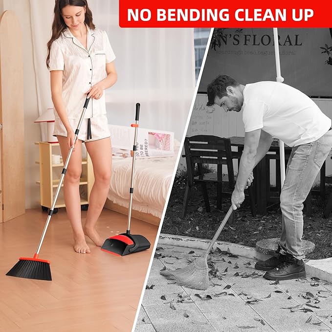 Broom with Dustpan Combo Set for Home 52-in Long Adjustable Handle Angle Broom and Dustpan Set with Dustpan Comb Teeth for Sweeping Pet Hair Food Dirt Kitchen (Black) (Red)