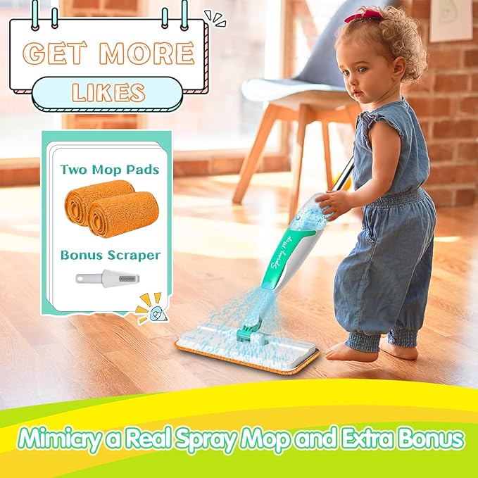 Kids Spray Mop with Refillable Microfiber Pads, and Cleaning Brush, Kids Cleaning Set for Ages 3+, Designed with Smaller Hands in Mind