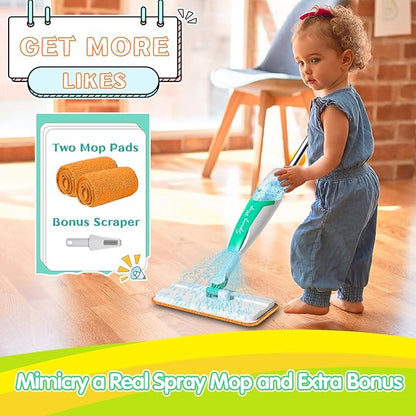 Kids Spray Mop with Refillable Microfiber Pads, and Cleaning Brush, Kids Cleaning Set for Ages 3+, Designed with Smaller Hands in Mind