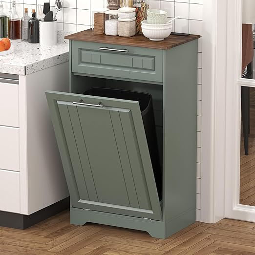 Single 10 Gallon Tilt Out Trash Can Cabinet with Deodorizing Function, Wooden Hidden Garbage Can Holder with Storage Drawers for Kitchen and Dining Room, Laundry Hamper Cabinet for Bathroom, Green