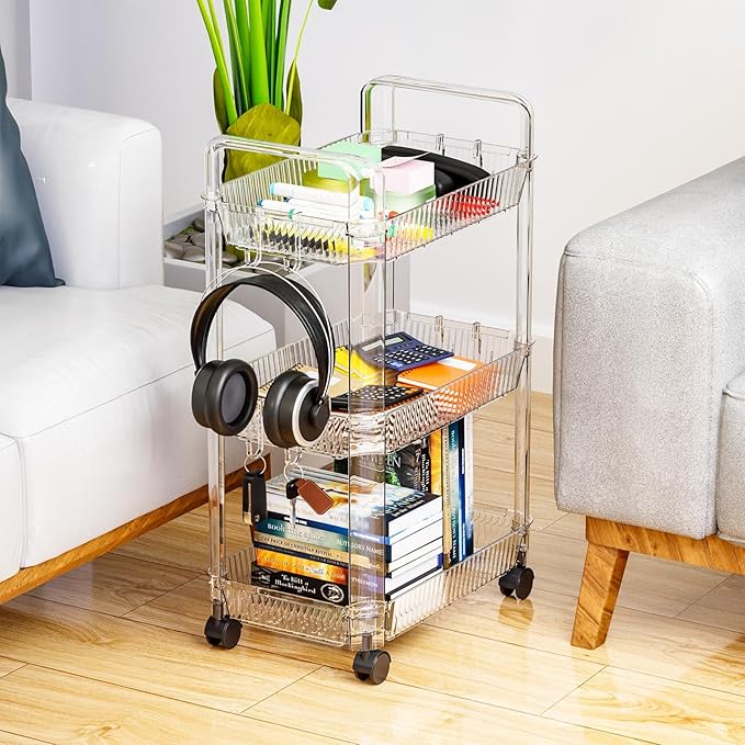 Clear 3 Tier Rolling Utility Cart with Wheels,Modern Bedside Cart for Baby Essentials,Nursery,Diaper Caddy,Baby Supplies,Rolling Storage Carts for Living Room,Bathroom,Kitchen,Book Cart