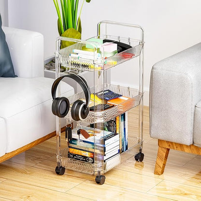 Clear 3 Tier Rolling Utility Cart with Wheels,Modern Bedside Cart for Baby Essentials,Nursery,Diaper Caddy,Baby Supplies,Rolling Storage Carts for Living Room,Bathroom,Kitchen,Book Cart