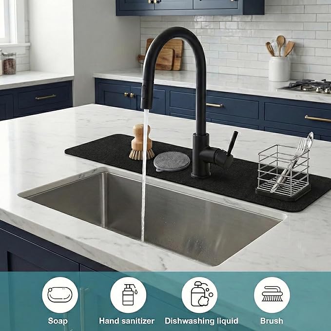 Customizable Faucet Mat for Kitchen Sink: 33"Lx5.5"W Long Absorbent Edge Protector & Splash Guard for Large Double bowl Sink- Cut to Fit 2, 3, 4 Holes Faucet & Irregular Sink with Soap Dispenser