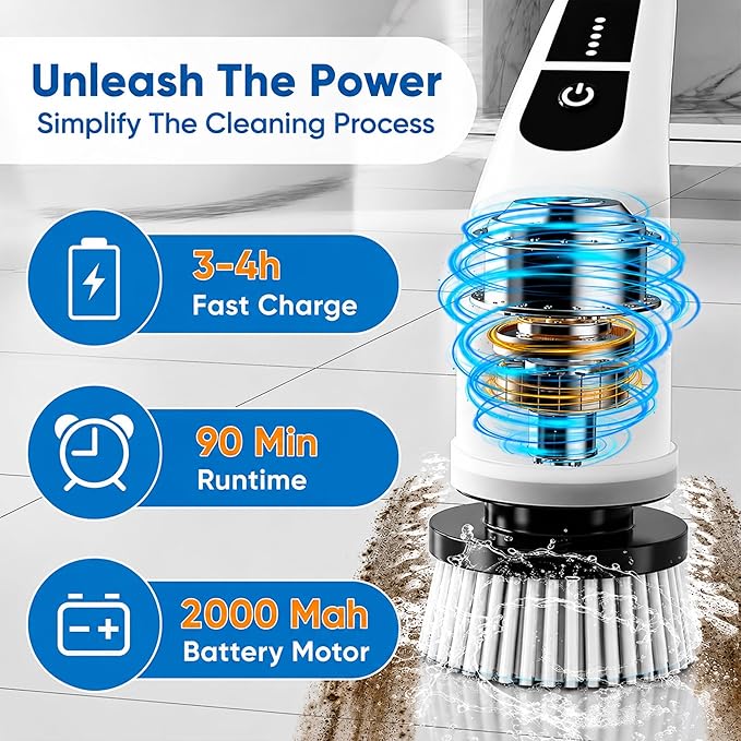 7-in-1 Electric Spin Scrubber with Long Handle, Cordless Power Scrubber with 2 Speeds & 7 Replaceable Brush Heads for Bathroom, Shower, Bathtub, Tile, Floor, Glass & Car Cleaning.
