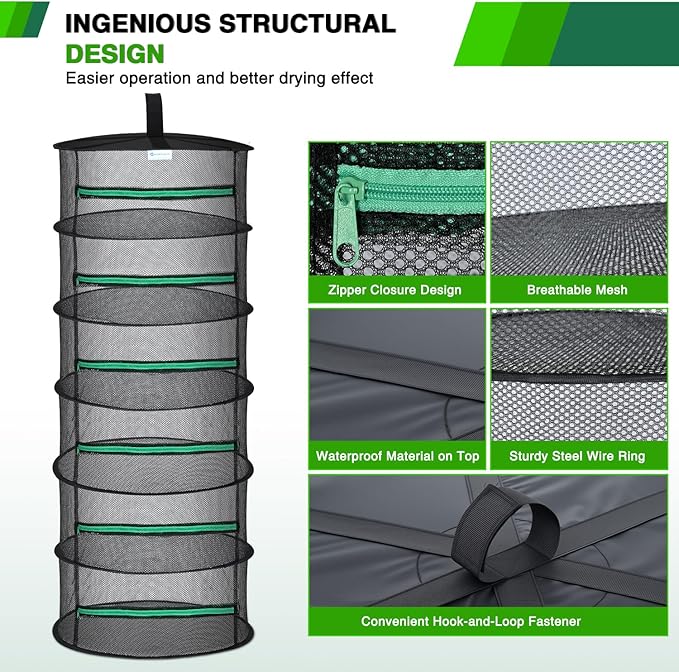 Yesker 6 Layer Herb Drying Rack Hanging Mesh Net Foldable Plant Drying Racks 24" Diameter with Green Zipper & Hook Dryer Hanging Rack for Herbs Seed Bud Fruit Clothes Grow Tent Closets Garden Outdoor