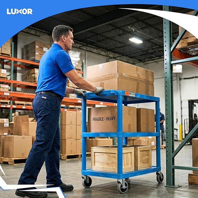 Luxor HE34-BU Utility Cart - 3 Shelves Structural Foam Plastic, Four 4" Casters, Two with Locking Brake, Ergonomic Push Handle, 24"W x 18"D x 34"H, Offices, Classrooms