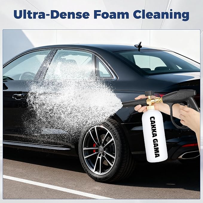 Foam Cannon for Pressure Washer, Foam Sprayer Car Wash with 1/4 Inch Quick Connector, Adjustable Soap Cannon with 5 Pressure Washer Nozzle Tips for Car Detailing, 1 Liter, A Fluorescent Green Glove