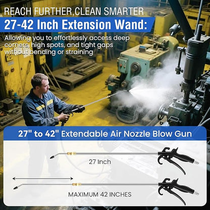 High Pressure Air Blow Gun, Extension Long Air Nozzle Blower Wand Fit 1/4" NPT Inlet & Lever Grip, Heavy Duty Industrial Blow Gun Pneumatic Tool for Radiator Compressor Attachment(2 Pcs,27-42 Inch)