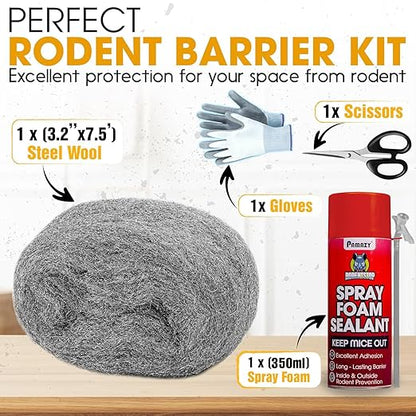 [Upgraded] Rodent Barrier Kit, Steel Wool Included PU Spray Foam Hole Filler for Mice Control 3.2"x7.5’ Rodent Control Fill Fabric, Gloves, Scissors,Gap Blocker in Hole Pipeline Vent in House, Garage