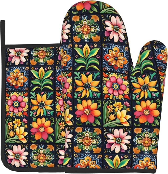 Mexican Oven Mitts and Pot Holders - Colorful Flowers Kitchen Mitt Sets of 2 Boho Oven Gloves Hot Pads for Cooking Baking Grilling