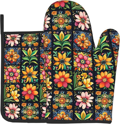 Mexican Oven Mitts and Pot Holders - Colorful Flowers Kitchen Mitt Sets of 2 Boho Oven Gloves Hot Pads for Cooking Baking Grilling