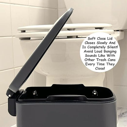 Homie Soft Close, Slim Trash Can 6 Liter / 1.6 Gallon with Anti - Bag Slip Liner and Lid, Use as Mini Garbage Basket, Slim Dust Bin, or Decor in Bathroom, Restroom, Kitchen, or Bedroom (Matte Gray)
