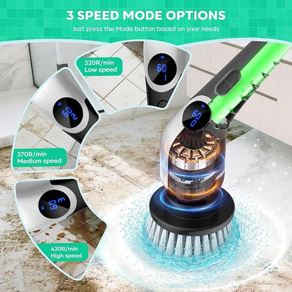 YKYI Cordless Electric Spin Scrubber, Power Cleaning Brush with 8 Replaceable Heads & Extension Handle for Bathroom, Tub, Tile, Floor, Car