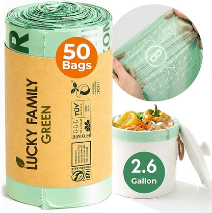 Compostable Trash Bags for Kitchen Compost Bins – 2.6 Gallon Compost Bags for Countertop Bin, Green Compostable Bags, BPI Certified ASTM D6400, Leak-Resistant Food Waste Bags (50 Count)