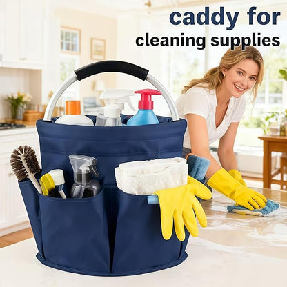 17L Collapsible Cleaning Caddy with Handle - Heavy Duty Oxford Cleaning Supplies Organizer - Multi-Pocket Foldable Storage Bucket for Housekeeping, Car Wash, Gardening & Camping (Navy Blue)