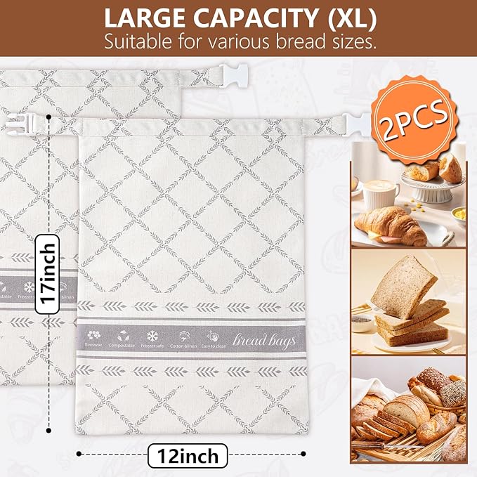 Reusable Beeswax Bread Bags for Sourdough, XL Capacity Upgrade Food Storage Bag, 100% Natural Cotton and Beeswax, Keep Freshness for Homemade Bread, Portable sourdough bread bags, 2 Pack | Freezer Safe