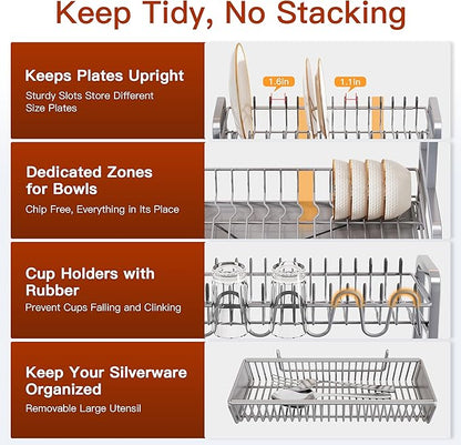2 Tier Dish Drainer Drying Rack for Kitchen Counter, Large Stainless Steel Dishes Dryer with Drainboard, Space Saving, Big Rustproof Metal Modern Countertop Plates Strainer with Utensil Holder, Sliver