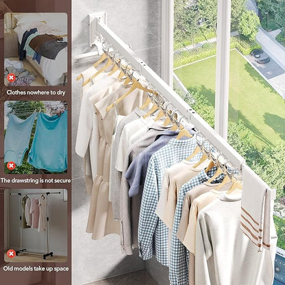 ZdwCyl Wall Mounted Clothes Hanger,Clothes Drying Rack,Laundry Rack Wall Mount,Drying Rack Clothing,Clothes Rack Retractable,Collapsible(Tri-Fold), with Windproof Holes & Clips,White Color