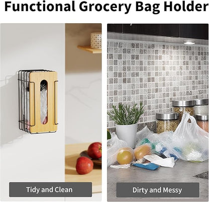 2 Pack Grocery Bag Holder, Wall Mount Bag Holder for Plastic Bags for Grocery Shopping Garbage Trash Bag Organizer with Bamboo Top for Kitchen, Pantry, Under Sink and Garage, Black
