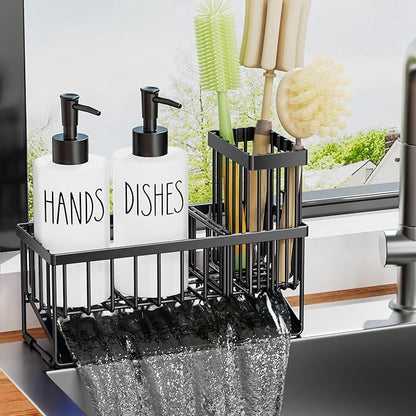 MASADI Kitchen Dish Soap Dispenser Set with Sponge Holder, 12OZ Glass Bottle, Hand and Dish Soap Dispenser Set, Non-Slip Silicone Pad, Brush Holder, Kitchen Sink Organizer Countertop (Black+White)