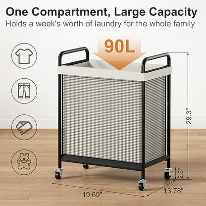 WOWLIVE Rolling Laundry Hamper with Wheels, 90L Laundry Basket with Removable Liner Bag, Laundry Sorter with Metal Handle, Large Capacity Clothes Hamper for Laundry Room, Bathroom and Dorm, Beige