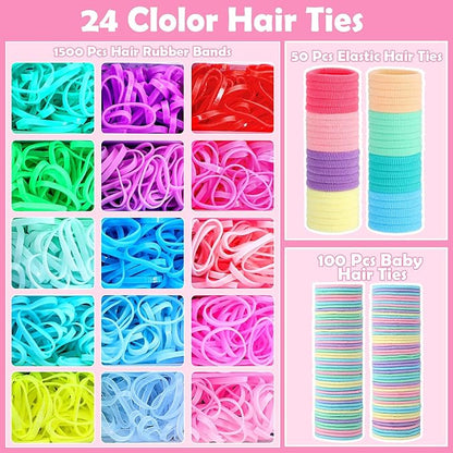 auroray Hair Accessories for Girls, 1700 Pcs Colorful Hair Rubber Bands Elastic Hair Ties Hair Clips Hair Wax Stick Spray Bottle Hair Styling Tools with Organizer Box