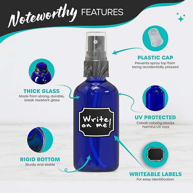 Nevlers Blue Glass Spray Bottles 4 Oz 24 Pack | Mini Spray Bottle Small Set with Labels, Marker, Funnel, Brush & Wrap | Blue Bottle For Face & Hair Products | Practical 4 Oz Bottles for Essential Oils