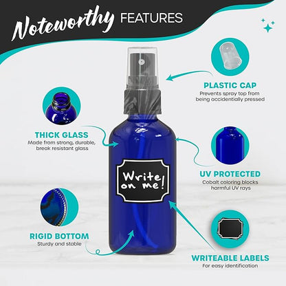 Nevlers Blue Glass Spray Bottles 4 Oz 24 Pack | Mini Spray Bottle Small Set with Labels, Marker, Funnel, Brush & Wrap | Blue Bottle For Face & Hair Products | Practical 4 Oz Bottles for Essential Oils