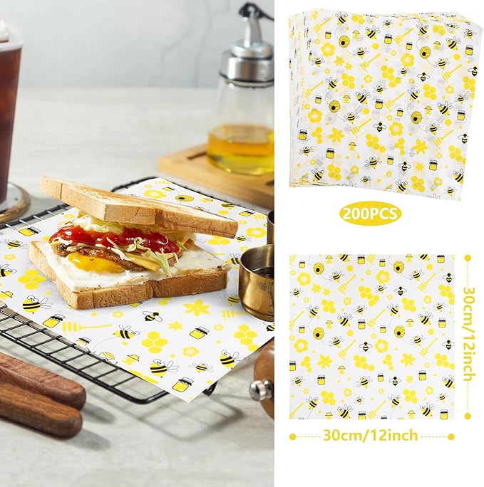 GeeRic 100 Pcs Wax Paper Sheets for Food, 12 * 12 Inch Bee Day Wax Paper Sandwich Wrap Deli Wraps, Oil-Proof Picnic Basket Liners with Bee Pattern for Memorial Day