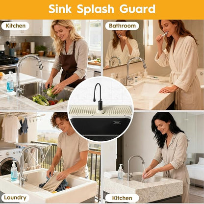 16" Silicone Faucet Mat for Kitchen Sink Released in 2025/12TH,8° Slope Fast Self-draining-Kitchen Sink Splash Guard,Bathroom Kitchen Sink Area Water Splash Guard Behind Faucet Draining Mat Beige
