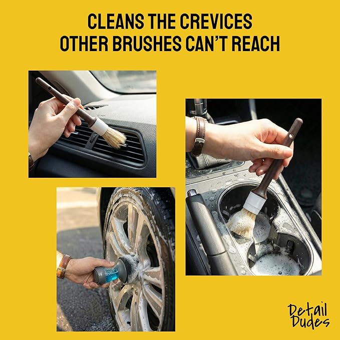 Car Detailing Brush Set 9-Pack - Boars Hair Brushes with Tire and Wheel Brush Plus Tire Dressing Applicator - Soft Bristle Car Detailing Kit for Interior, Exterior and Wheels - Detail Dudes