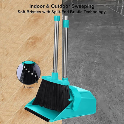 Tiumso Upgrade Broom with Dustpan Combo Set, Broom and Dustpan Set with 51'' Long Handle, Large Upright Brooms and Dust Pans, ZeroGap Lip, Self-Cleaning Dustpan Teeth for Lobby and Restaurant - Blue