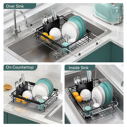 Over the Sink Dish Drying Rack,In Sink Dish Drying Racks,Expandable Dish Rack Over Sink Counter,Adjustable Dish Drainer for Inside Sink with Utensil Holder, Stainless Steel Dish Strainer Large Size