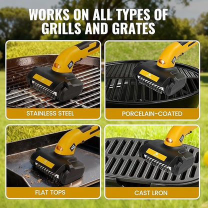 Electric Grill Brush, Grill Cleaner with LED Light & Battery Power Display, 350 RPM Shed-Free Steel Bristles, Removable Brush Head, Cordless & Type-C Rechargeable Grill Scraper for Outdoor BBQ