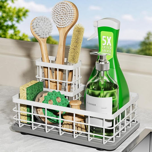 Extra Large Kitchen Sink Caddy Organizer, Stainless Steel Sponge Holder for Kitchen Sink with Brush Holder, Diatomite Stone Sink Tray for Soap Dispenser, Sponge, Kitchen Essentials and Gadgets, White