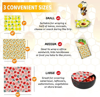 Beeswax Wrap - 3 Pack, Beeswax Wraps For Food, Organic, Sustainable, Biodegradable, Zero Waste, Reusable Beeswax Food Wrap, 1L Strawberry, 1M Orange, 1S Lemon Patterns