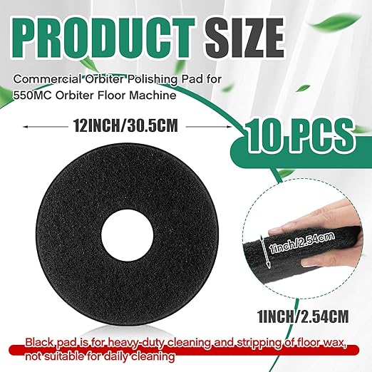 Teenyyou 10 Pcs 12" Cleaning Orbiter Pads Commercial Floor Buffer Pads Hardwood Floor Maintenance Scrubber Polisher Cleaning and Stripping for Orbiter Machine (Black)