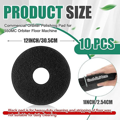 Teenyyou 10 Pcs 12" Cleaning Orbiter Pads Commercial Floor Buffer Pads Hardwood Floor Maintenance Scrubber Polisher Cleaning and Stripping for Orbiter Machine (Black)