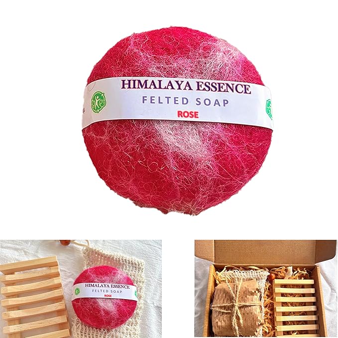 Handmade Felted Soap with Tibetan Yak Milk & Wool - Natural Exfoliating Bar for Face & Body, 6 Scents, Includes Bamboo Dish & Travel Pouch (Rose)