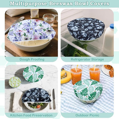 5-Size Reusable Beeswax Bowl Covers for Bread Proofing, Cotton Cloth Flexible Beeswax Wraps for Food Storage(Iris Floral)