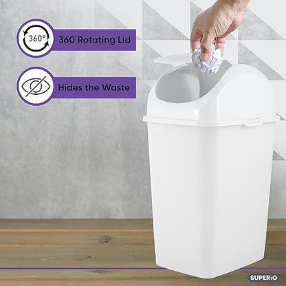 Superio Small 2.5 Gallon Plastic Trash Can with Swing Top Lid, Compact Slim Waste Bin for Under Desk, Office, Bedroom, Bathroom, Dorm Room, 10 Qt. Portable Garbage Can (White)