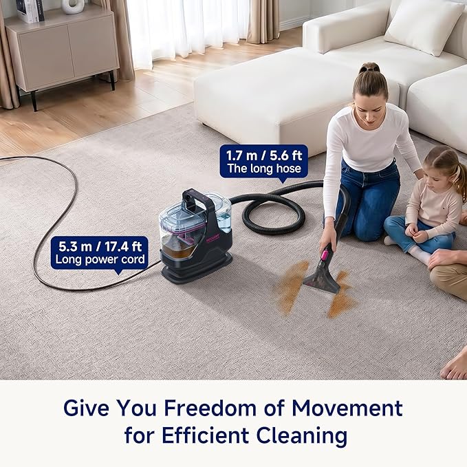 Portable Carpet Cleaner，18kPa Handheld Spot Cleaner for Upholstery and Car Interior，Cordless Pet Stain Remover with 500ml Tank，Lightweight for Sofa，Couch，Stairs，Mattress，Black and Pink