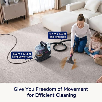 Portable Carpet Cleaner，18kPa Handheld Spot Cleaner for Upholstery and Car Interior，Cordless Pet Stain Remover with 500ml Tank，Lightweight for Sofa，Couch，Stairs，Mattress，Black and Pink
