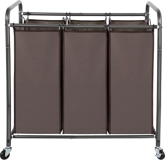 STO STO Laundry Sorter 3 Section, 3 Bag Clothes Hamper, Rolling Laundry Cart Basket with Heavy Duty Lockable Wheels and Removable Bag for Laundry Room, Bedroom, Closet, Brown