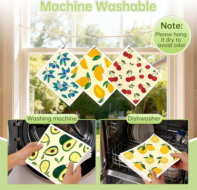 Swedish Dishcloths for Kitchen, 5 Pack Fruit Reusable Paper Towels with 3 Hooks, Washable Dish Cloth Set, Absorbent Cleaning Cloth for Home Washing Dishes Housewarming Gifts for Friend