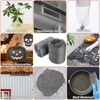 Steel Wool Mice Control, 6 Pack 3.2" x60 FT #0000 Steel Wool Roll &1 Pack 5" x30 FT Wire Mesh, Mouse Hole Filler for House Garage Garden, Extra Fine Stainless Steel Wool for Polishing Chrome Glass
